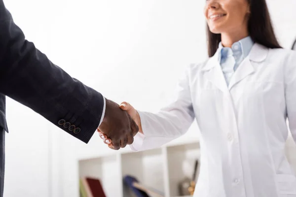 Cropped View Doctor White Coat Shaking Hands African American Patient — Stock Photo, Image