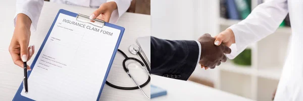 Collage Doctor Holding Insurance Claim Form Shaking Hands African American — Stock Photo, Image