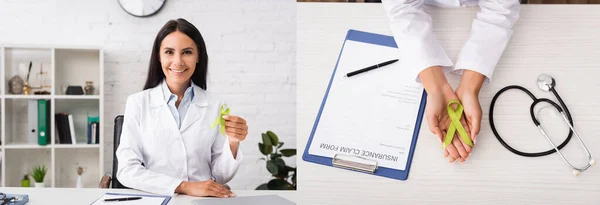 Collage Psychologist Holding Green Ribbon Insurance Claim Form Website Header — Stock Photo, Image