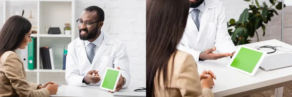 Collage Médico Afroamericano Barbudo Apuntando Tableta Digital Con Pantalla Blanco —  Fotos de Stock