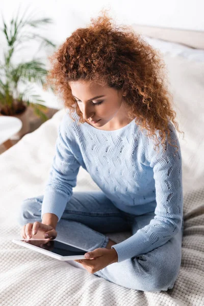 Curly Woman Using Digital Tablet Blank Screen Bed — Stock Photo, Image