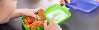 cropped view of schoolgirl taking toast from lunch box with fresh carrots, horizontal concept clipart