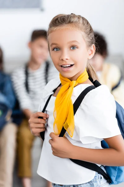 Selective Focus Schoolgirl Backpack Looking Camera Classroom — Stock Photo, Image