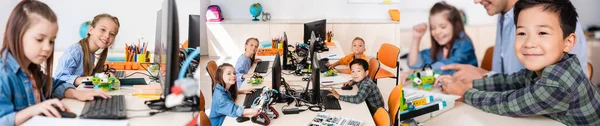 Többnemzetiségű Iskolások Tanárok Kollázsa Akik Számítógépet Használnak Ősiskolai Robotok Közelében — Stock Fotó