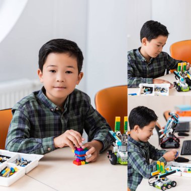 Sınıfta robot modelliği yapan Asyalı öğrencilerin kolajı. 