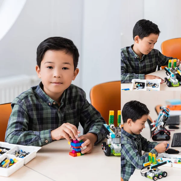 Колаж Азіатського Школяра Будівельними Блоками Робот Моделювання Класі — стокове фото