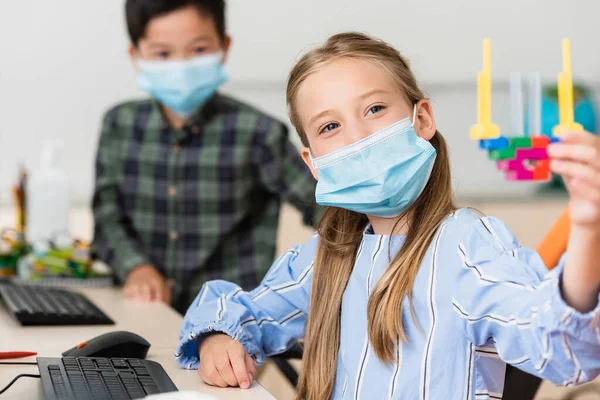 Selective Focus Schoolgirl Medical Mask Holding Building Blocks Asian Classmate — Stock Photo, Image