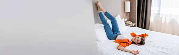 Panoramic Concept Pleased Young Woman Resting Bed Hotel — Stock Photo, Image