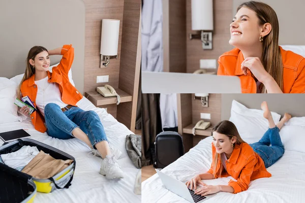 Young Barefoot Freelancer Lying Bed Using Laptop Hotel Room — Stock Photo, Image