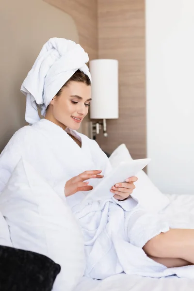 Young Woman Towel White Bathrobe Looking Digital Tablet Hotel Room — Stock Photo, Image