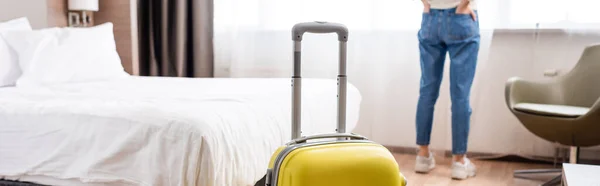 Selective Focus Yellow Luggage Woman Standing Hotel Room Horizontal Crop — Stock Photo, Image