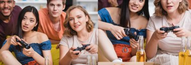 KYIV, UKRAINE - 28 Temmuz 2020: video oyunu oynayan çok ırklı arkadaşların kolajı, panoramik çekim