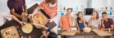 Parti boyunca bira şişelerini tokuşturan ve pizza yiyen çok ırklı arkadaşların kolajı, panoramik çekim