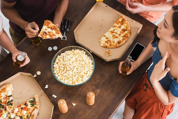 Overhead View Asian Woman Talking Multicultural Friends Party Pizza Beer — Stock Photo, Image