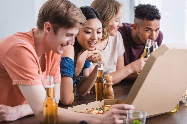 Joyful Multicultural Friends Opening Box Pizza Party — Stock Photo, Image