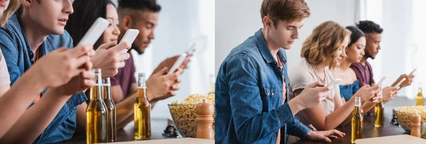 Collage Van Multi Etnische Vrienden Chatten Mobiele Telefoons Tijdens Het — Stockfoto