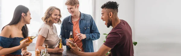 Panoramic Concept Multiethnic Friends Bottles Beer Talking Party — Stock Photo, Image