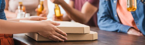 Cropped View Woman Pizza Boxes Multicultural Friends Beer Background Panoramic — Stock Photo, Image