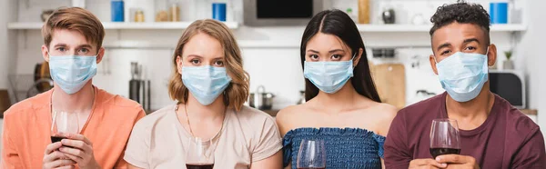 Website Header Multiethnic Friends Medical Masks Holding Glasses Red Wine — Stock Photo, Image