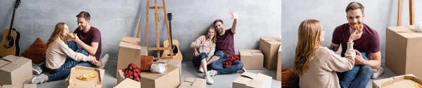 Collage Man Woman Waving Hands Acoustic Guitar Boxes Eating Pizza — Stock Photo, Image