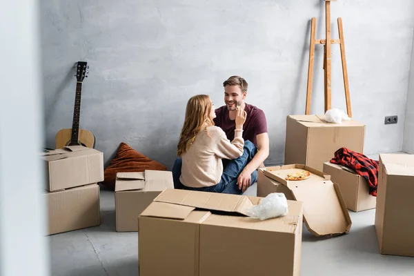 Woman Holding Tasty Pizza Joyful Boyfriend Carton Boxes — Stock Photo, Image