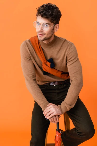 Stylish Man Autumn Outfit Holding Umbrella Isolated Orange — Stock Photo, Image