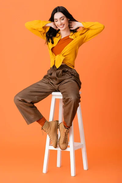 Full Length Trendy Woman Autumn Outfit Boots Sitting White Stool — Stock Photo, Image