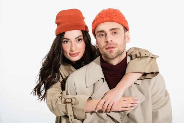 Brunette Woman Beanie Hat Hugging Trendy Man Isolated White — Stock Photo, Image