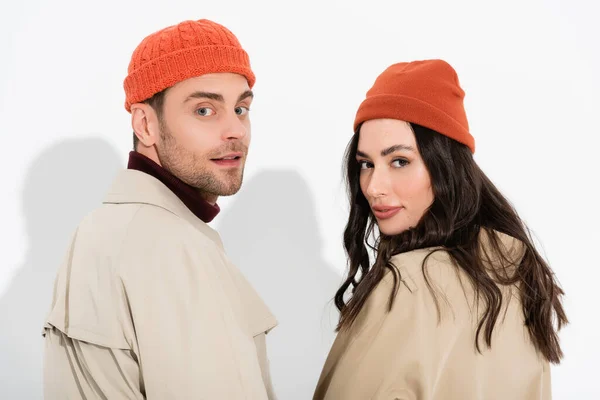 Trendy Couple Beanie Hats Looking Camera White — Stock Photo, Image