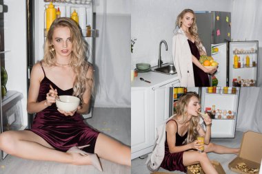 collage of blonde woman holding bowl, fresh fruits, and eating pizza near opened fridge clipart