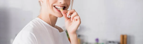 Partial View Joyful Woman Tasting Cornflake Horizontal Orientation — Stock Photo, Image