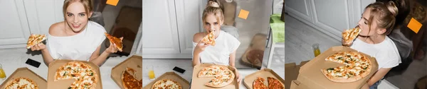 Коллаж Блондинки Сидящей Полу Кухне Поедающей Пиццу Горизонтальное Изображение — стоковое фото