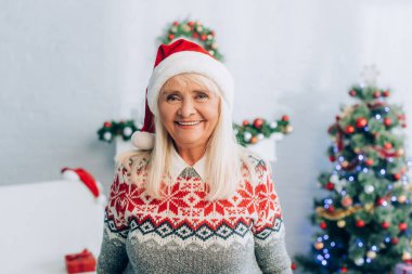 smiling senior woman in santa hat looking at camera near christmas tree on background clipart
