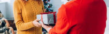 Karına noel hediyesi sunan adamın seçici odak noktası, panoramik çekim