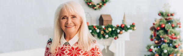 Happy Senior Lady Smiling Camera Decorated Christmas Tree Branch Background — Stock Photo, Image