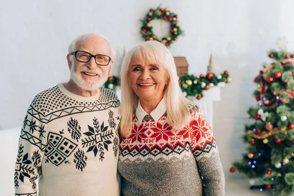 Ευτυχισμένο Ζευγάρι Ηλικιωμένων Κοιτάζοντας Κάμερα Χριστουγεννιάτικη Διακόσμηση Στο Παρασκήνιο — Φωτογραφία Αρχείου