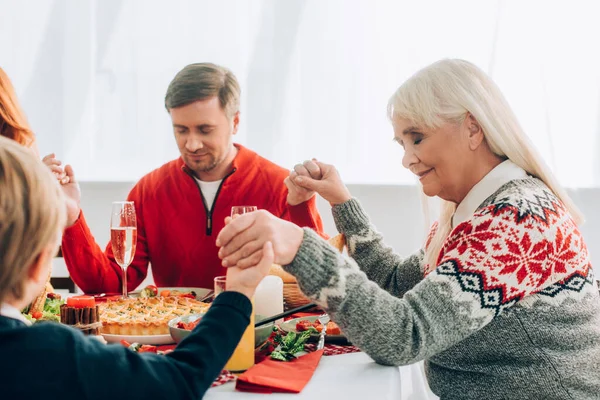 Selective Focus Positive Grandmother Holding Hands Family Home — Stock Photo, Image