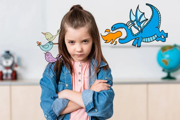 Allvarlig Skolflicka Tittar Kameran Nära Fåglar Och Dinosaurie Illustration — Stockfoto