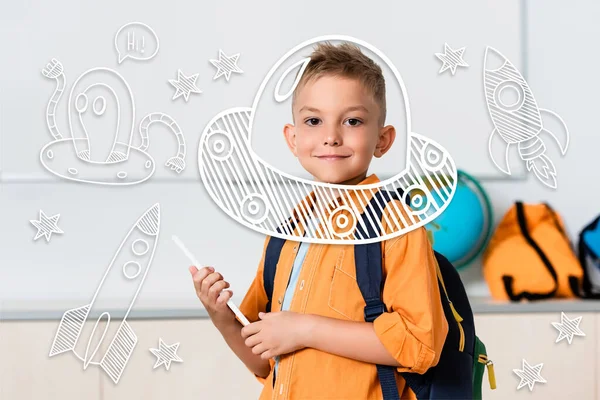 Schoolboy Κρατώντας Ψηφιακή Ταμπλέτα Κοντά Πυραύλους Και Αστέρια Εικονογράφηση — Φωτογραφία Αρχείου