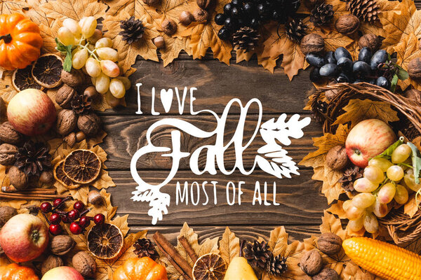 Top view of frame made of harvest and foliage near i love fall most of all lettering on wooden background