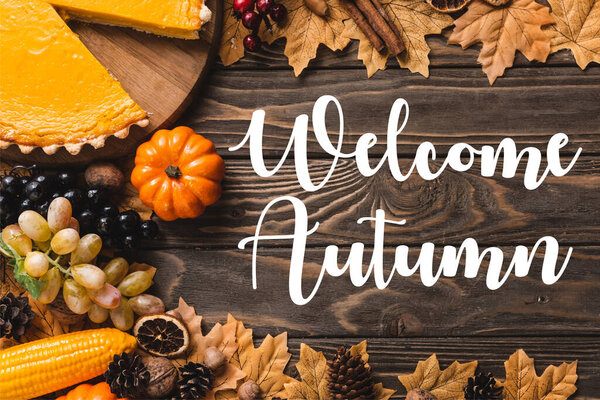 top view of decoration and pumpkin pie near welcome autumn lettering on wooden background