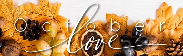 Top View Autumnal Decoration Grapes October Love Lettering White Background — Stock Photo, Image