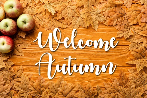 Top View Ripe Apples Leaves Foliage Welcome Autumn Lettering Wooden — Stock Photo, Image
