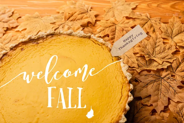 Pumpkin Pie Welcome Fall Lettering Happy Thanksgiving Tag Leaves — Stock Photo, Image