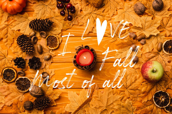 Top view of burning candle with autumnal decoration near i love fall most of all lettering on wooden background