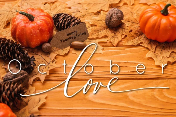 Pumpkin Autumnal Decoration Happy Thanksgiving Card October Love Lettering Wooden — Stock Photo, Image