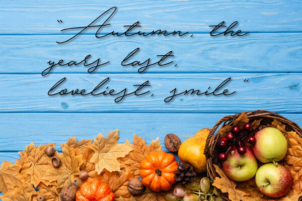 верхний вид на сбор урожая в корзине около осени, последние годы, прекрасная улыбка буквы на синем деревянном фоне