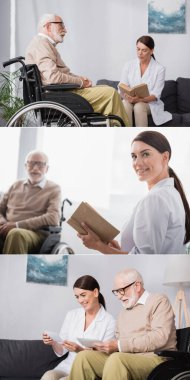 Geriatrik hemşire kolajı engelli bir adama kitap okuyor ve aile fotoğraflarına birlikte bakıyoruz.