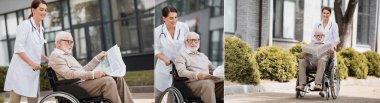 collage of geriatric nurse walking with elderly disabled man on wheelchair reading newspaper outdoors, banner clipart