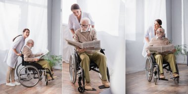 Duygusal ihtiyarlık kolajı. Neredeyse yaşını doldurmuş engelli bir adam tekerlekli sandalyede gazete okuyor.